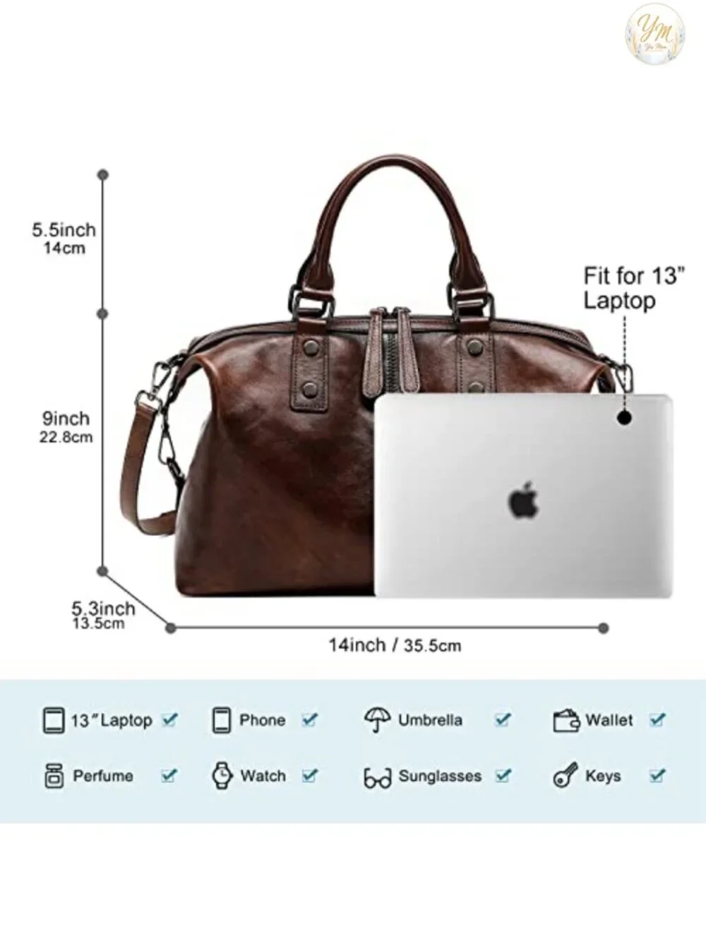Genuine Leather Vintage Satchel Tote 3 Ways Cowhide